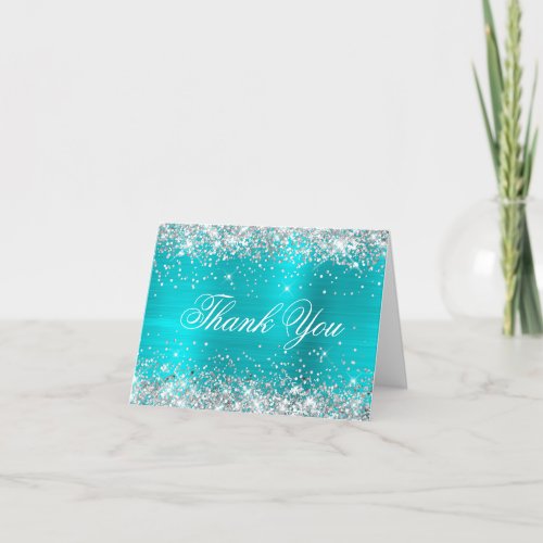Sparkly Silver Faux Glitter Turquoise Blue Foil Thank You Card