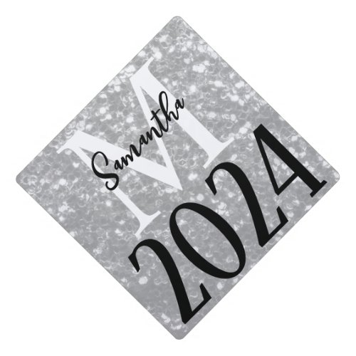 Sparkly silver faux sparkles Monogram Class 2024 Graduation Cap Topper