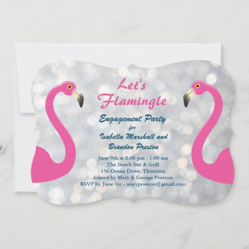 Sparkly Silver Flamingo Engagement Party Invite