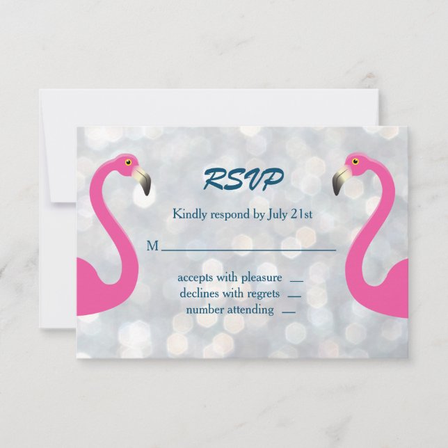 Sparkly Silver Flamingo Wedding RSVP Card (Front)