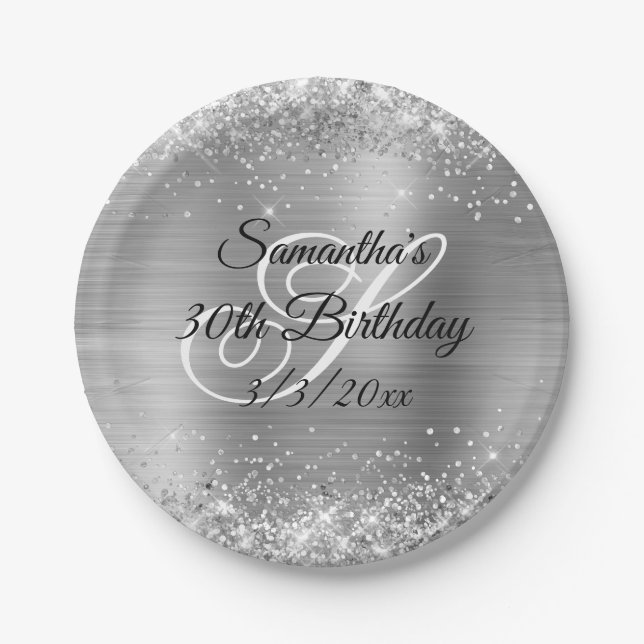Sparkly Silver Glitter and Foil 30th Birthday Paper Plates (Front)