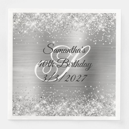 Sparkly Silver Glitter and Foil 40th Birthday Paper Dinner Napkins