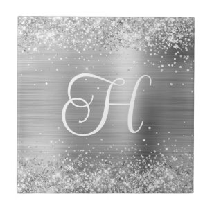 Sparkly Silver Glitter and Foil Monogram Ceramic Tile