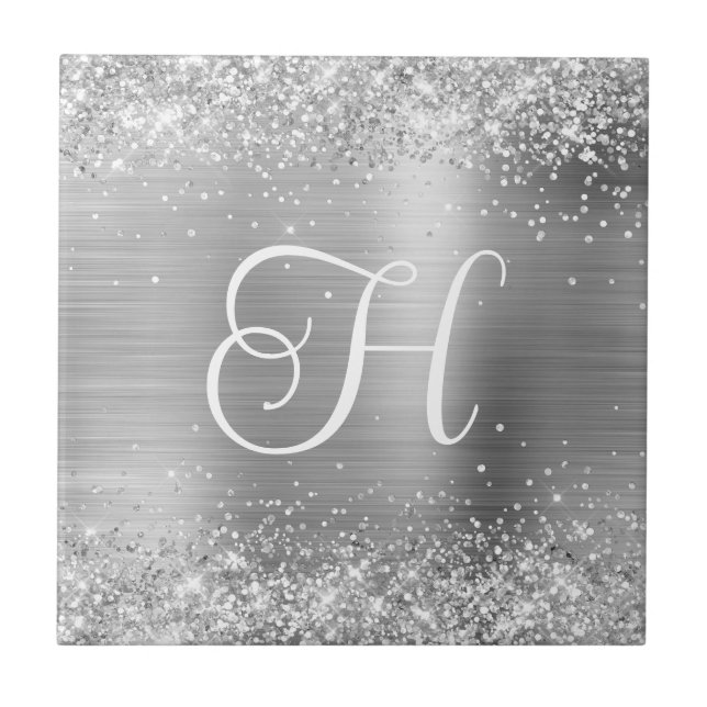 Sparkly Silver Glitter and Foil Monogram Ceramic Tile (Front)