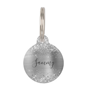 Sparkly Silver Glitter and Foil Pet ID Tag