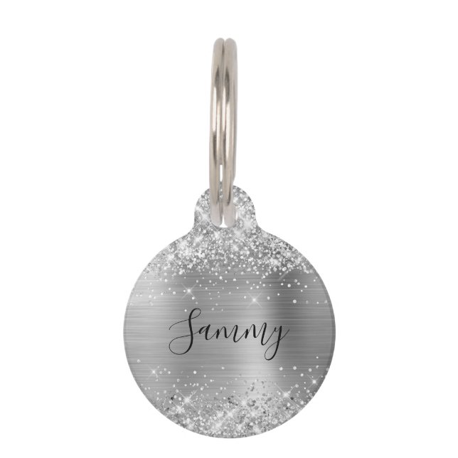 Sparkly Silver Glitter and Foil Pet ID Tag (Front)