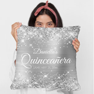 Sparkly Silver Glitter and Foil Quinceañera Throw Pillow