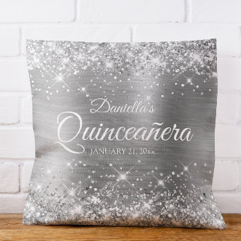 Sparkly Silver Glitter And Foil Quinceañera Throw Pillow by annaleeblysse at Zazzle