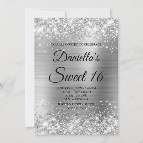 Sparkly Silver Glitter and Foil Sweet 16 Invitation
