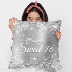Sparkly Silver Glitter and Foil Sweet 16 Throw Pillow