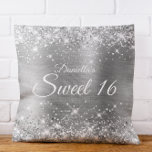 Sparkly Silver Glitter and Foil Sweet 16 Throw Pillow<br><div class="desc">Fabulous sweet 16 girly glam throw pillow for your daughter. The front features the number sixteen in a puffy balloon text image. The background image features a girly glam silvery grey ombre brushed metal style foil with faux silver glitter digital art graphics. On the backside, you can customize the font...</div>