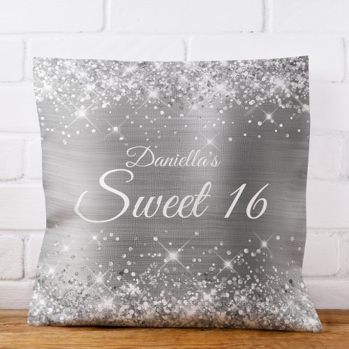 Sparkly Silver Glitter and Foil Sweet 16 Throw Pillow