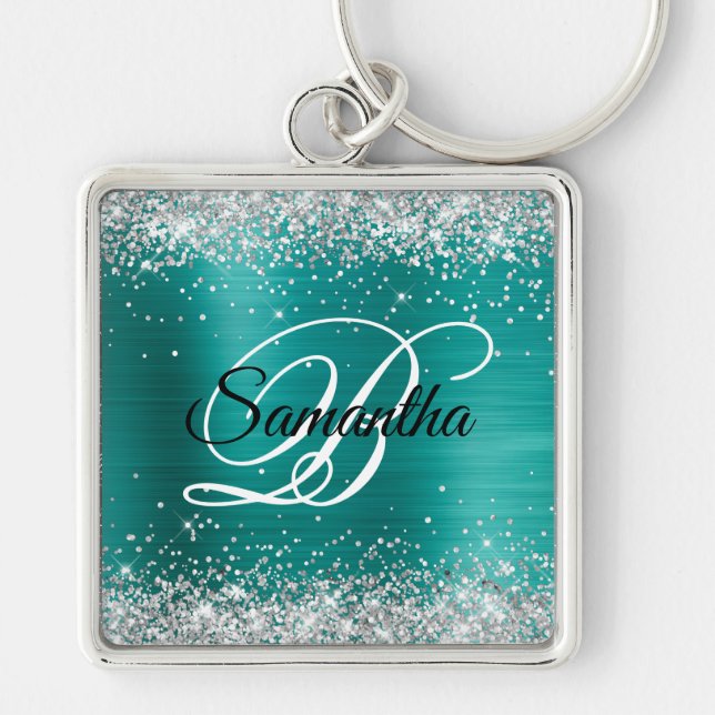 Sparkly Silver Glitter Aqua Teal Foil Monogram Keychain (Front)