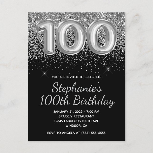 Sparkly Silver Glitter Black 100th Birthday Invitation Postcard (Front)