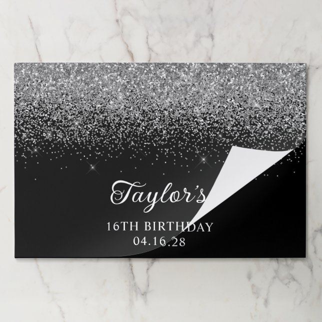 Sparkly Silver Glitter Black 16th Birthday Paper Pad (Folded)