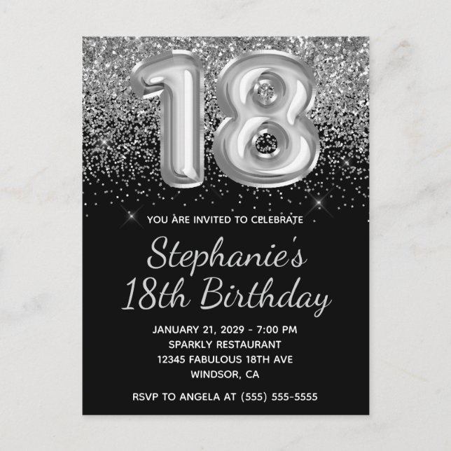 Sparkly Silver Glitter Black Balloon 18th Birthday Invitation Postcard (Front)