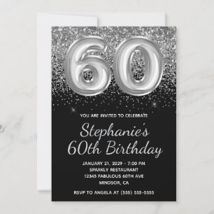 Sparkly Silver Glitter Black Balloon 60th Birthday Invitation