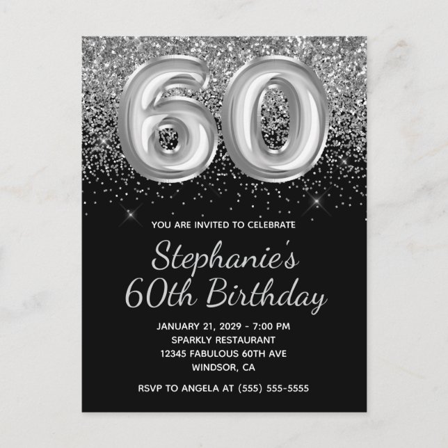 Sparkly Silver Glitter Black Balloon 60th Birthday Invitation Postcard (Front)