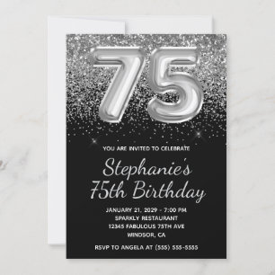 Sparkly Silver Glitter Black Balloon 75th Birthday Invitation