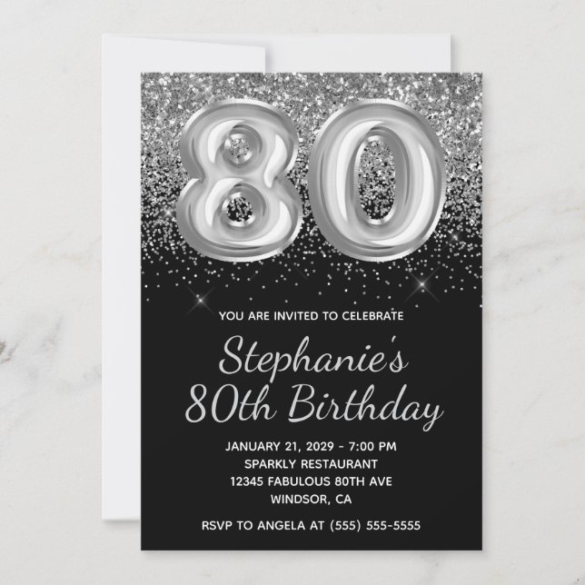 Sparkly Silver Glitter Black Balloon 80th Birthday Invitation (Front)