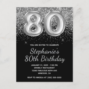 Sparkly Silver Glitter Black Balloon 80th Birthday Invitation Postcard