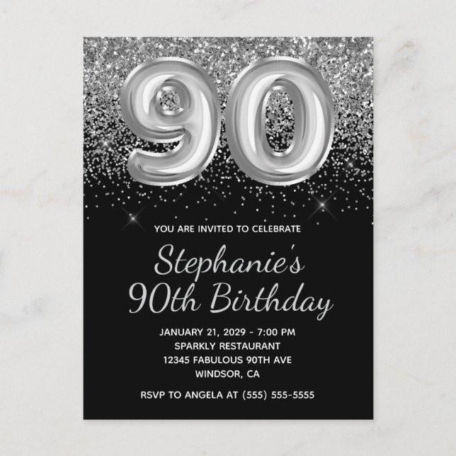 Sparkly Silver Glitter Black Balloon 90th Birthday Invitation Postcard (Front)