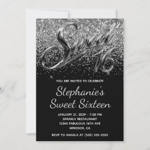 Sparkly Silver Glitter Black Chrome Sweet 16 Invitation