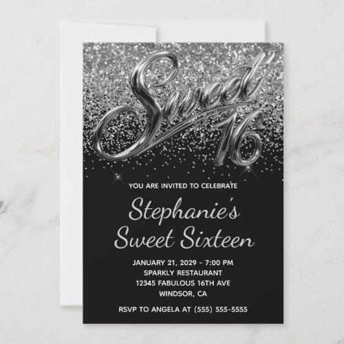 Sparkly Silver Glitter Black Chrome Sweet 16 Invitation
