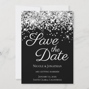Sparkly Silver Glitter Black Elegant Calligraphy Save The Date