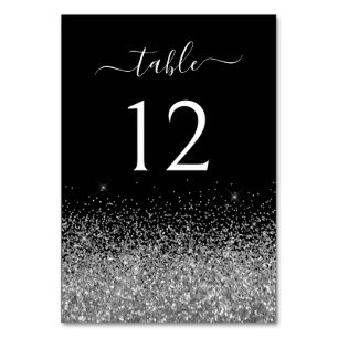 Sparkly Silver Glitter Black Elegant Calligraphy Table Number