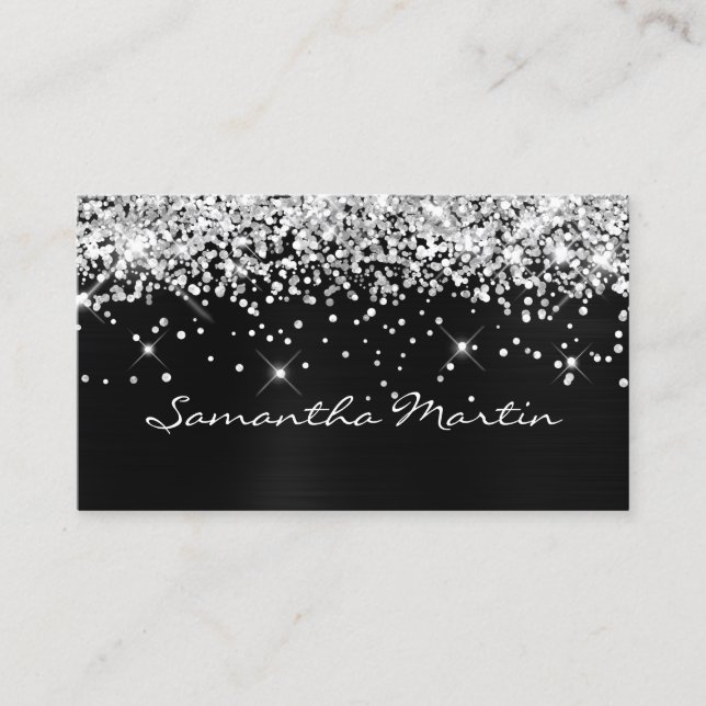 Sparkly Silver Glitter Black Foil Business Card (Front)