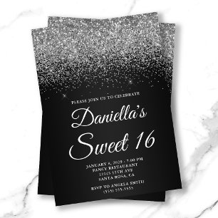 Sparkly Silver Glitter Black Gradient Sweet 16 Invitation