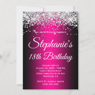 Sparkly Silver Glitter Black Magenta 18th Birthday Invitation