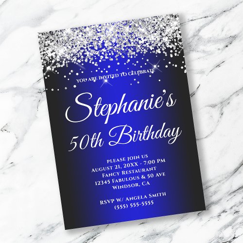 Sparkly Silver Glitter Black Medium Blue Gradient Invitation