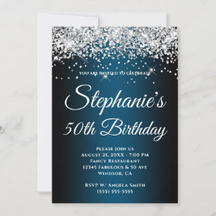 Sparkly Silver Glitter Black Ocean Blue Gradient Invitation
