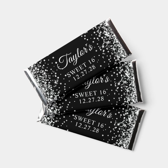 Sparkly Silver Glitter Black Sweet 16 Hershey Bar Favors (Front)