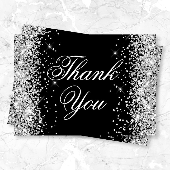 Sparkly Silver Glitter Black Thank You Card (Creator Uploaded)