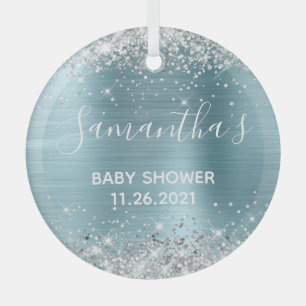 Sparkly Silver Glitter Blue Foil Baby Shower Glass Ornament