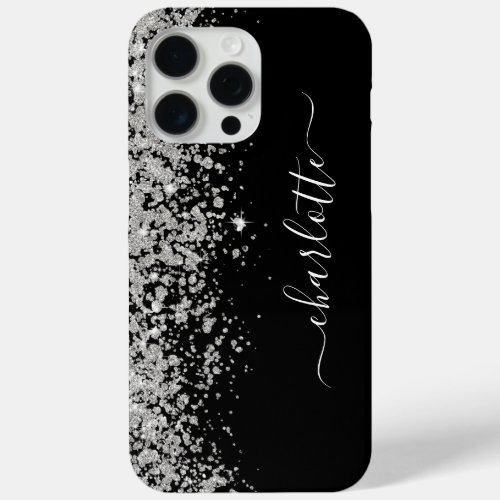 Sparkly Silver Glitter Border Black Girly Name iPhone 15 Pro Max Case