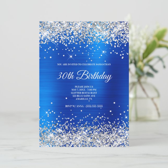 Sparkly Silver Glitter Bright Blue Satin Foil Invitation (Standing Front)