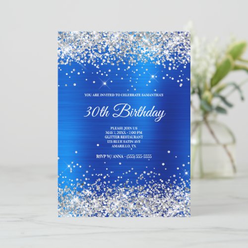 Sparkly Silver Glitter Bright Blue Satin Foil Invitation
