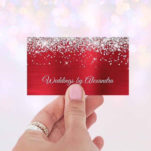 Sparkly Silver Glitter Bright Red Satin Foil Business Card
