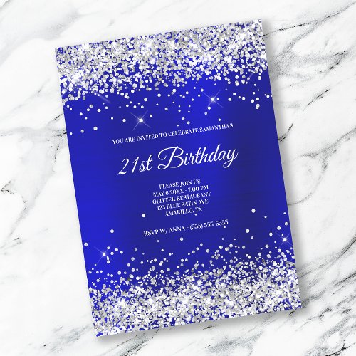 Sparkly Silver Glitter Brushed Blue Satin Foil Invitation