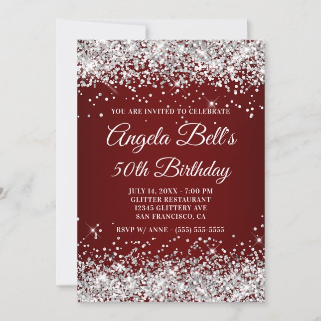 Sparkly Silver Glitter Burgundy 50th Birthday Invitation (Front)