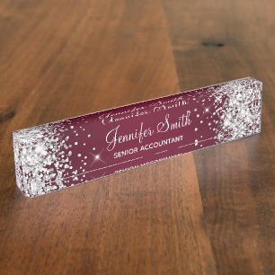 Sparkly Silver Glitter Burgundy Gradient Desk Name Plate