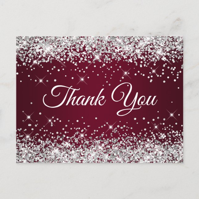 Sparkly Silver Glitter Burgundy Thank You Postcard (Front)