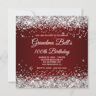 Sparkly Silver Glitter Dark Red 100th Birthday Invitation