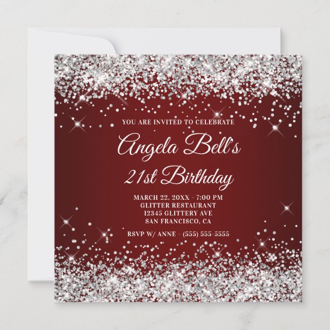 Sparkly Silver Glitter Dark Red 21st Birthday Invitation (Front)