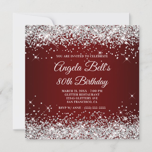 Sparkly Silver Glitter Dark Red 80th Birthday Invitation (Front)