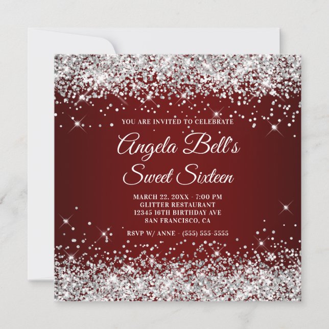 Sparkly Silver Glitter Dark Red Sweet Sixteen Invitation (Front)